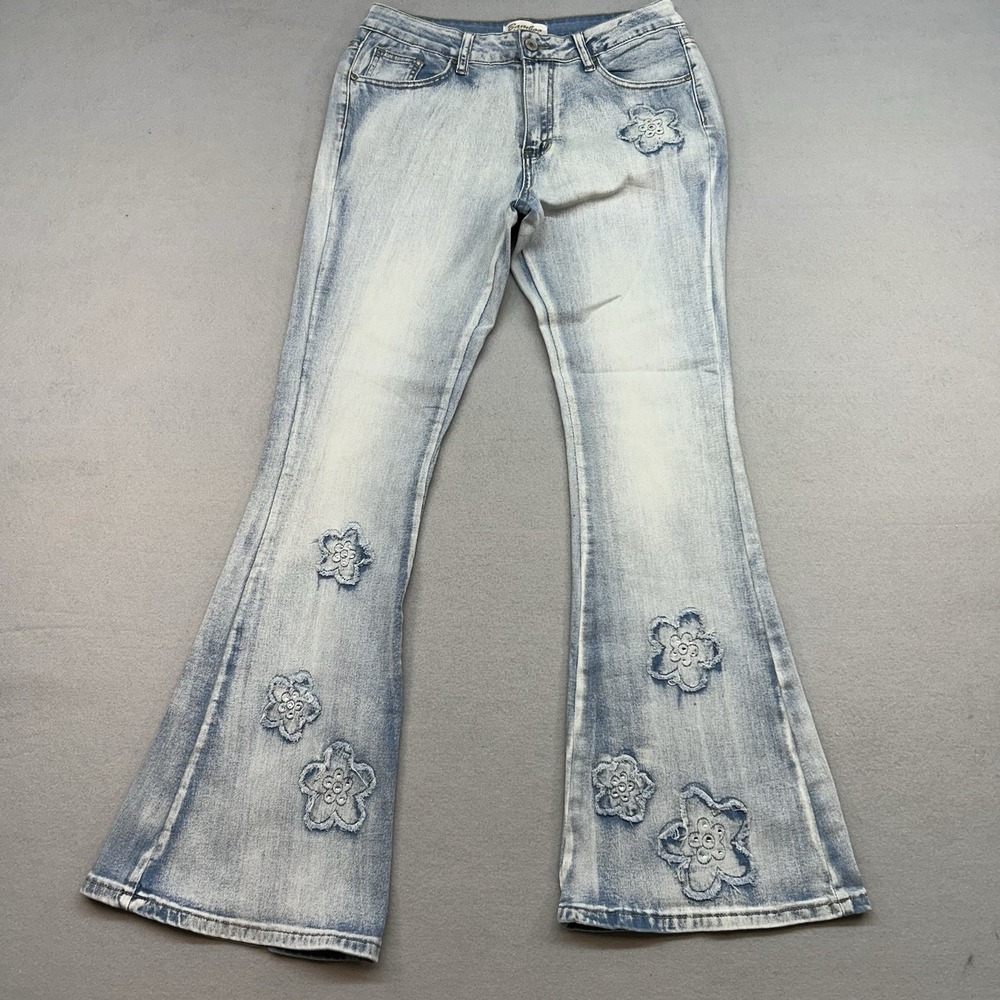 Bamboo Jeans Sz11 Floral Applique Flare Bell Bottom Boho Denim Y2K Festival